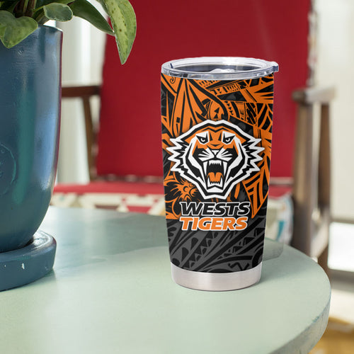 Personalized Wests Tigers Rugby Tumbler Cup Polynesian Tribal Tiger Warrior - Orange Black Art