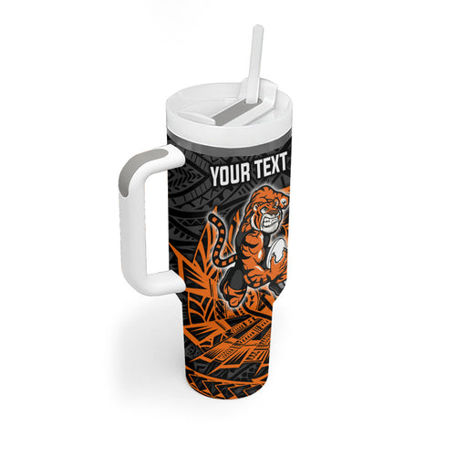 Personalized Wests Tigers Rugby Tumbler With Handle Polynesian Tribal Tiger Warrior - Orange Black Art