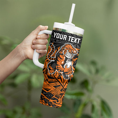 Personalized Wests Tigers Rugby Tumbler With Handle Polynesian Tribal Tiger Warrior - Orange Black Art