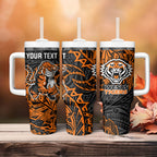 Personalized Wests Tigers Rugby Tumbler With Handle Polynesian Tribal Tiger Warrior - Orange Black Art