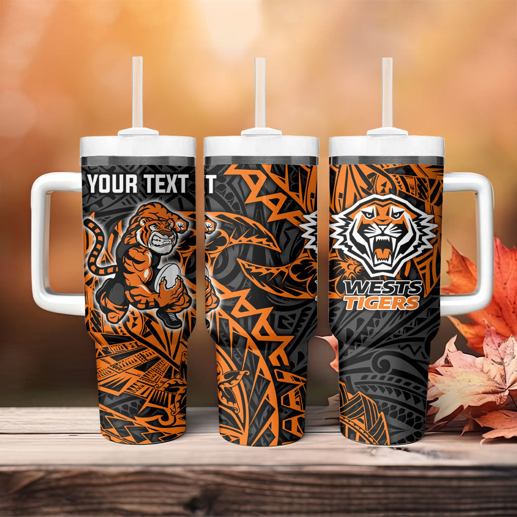 Personalized Wests Tigers Rugby Tumbler With Handle Polynesian Tribal Tiger Warrior - Orange Black Art