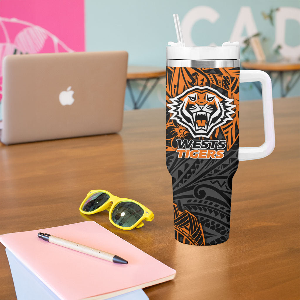 Personalized Wests Tigers Rugby Tumbler With Handle Polynesian Tribal Tiger Warrior - Orange Black Art