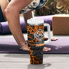 Personalized Wests Tigers Rugby Tumbler With Handle Polynesian Tribal Tiger Warrior - Orange Black Art