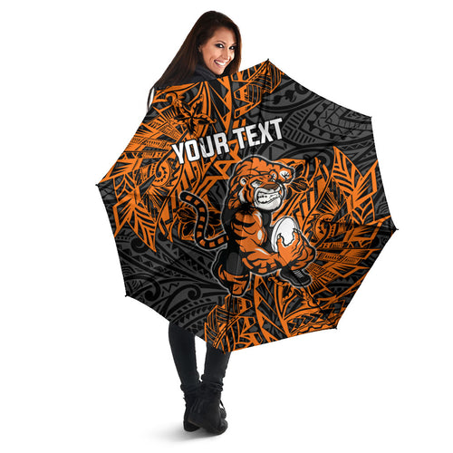 Personalized Wests Tigers Rugby Umbrella Polynesian Tribal Tiger Warrior - Orange Black Art