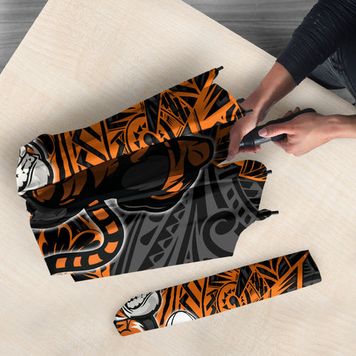 Personalized Wests Tigers Rugby Umbrella Polynesian Tribal Tiger Warrior - Orange Black Art
