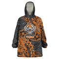 Personalized Wests Tigers Rugby Wearable Blanket Hoodie Polynesian Tribal Tiger Warrior - Orange Black Art