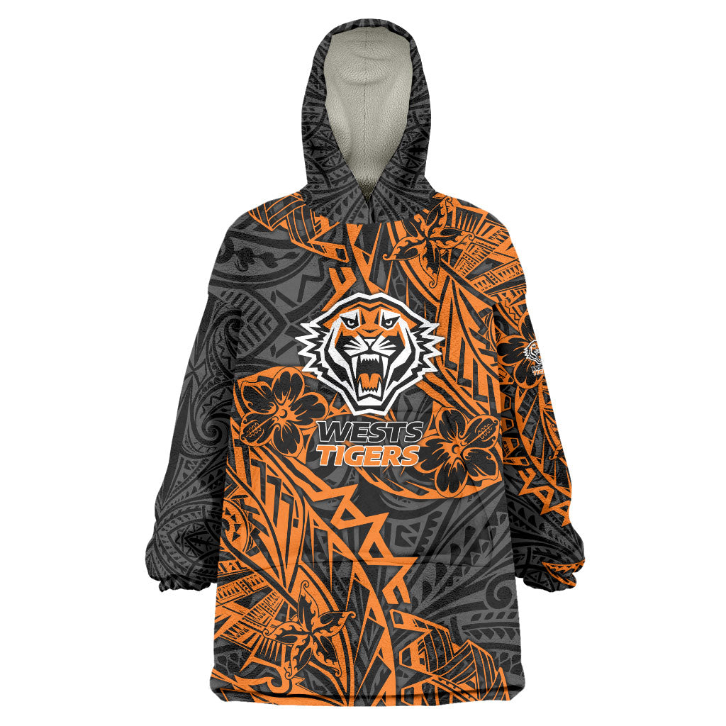Personalized Wests Tigers Rugby Wearable Blanket Hoodie Polynesian Tribal Tiger Warrior - Orange Black Art