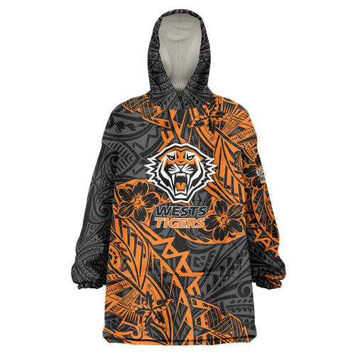 Personalized Wests Tigers Rugby Wearable Blanket Hoodie Polynesian Tribal Tiger Warrior - Orange Black Art