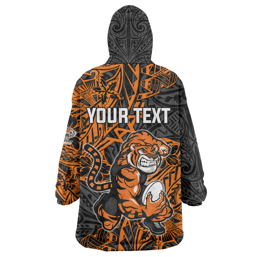 Personalized Wests Tigers Rugby Wearable Blanket Hoodie Polynesian Tribal Tiger Warrior - Orange Black Art