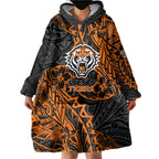 Personalized Wests Tigers Rugby Wearable Blanket Hoodie Polynesian Tribal Tiger Warrior - Orange Black Art