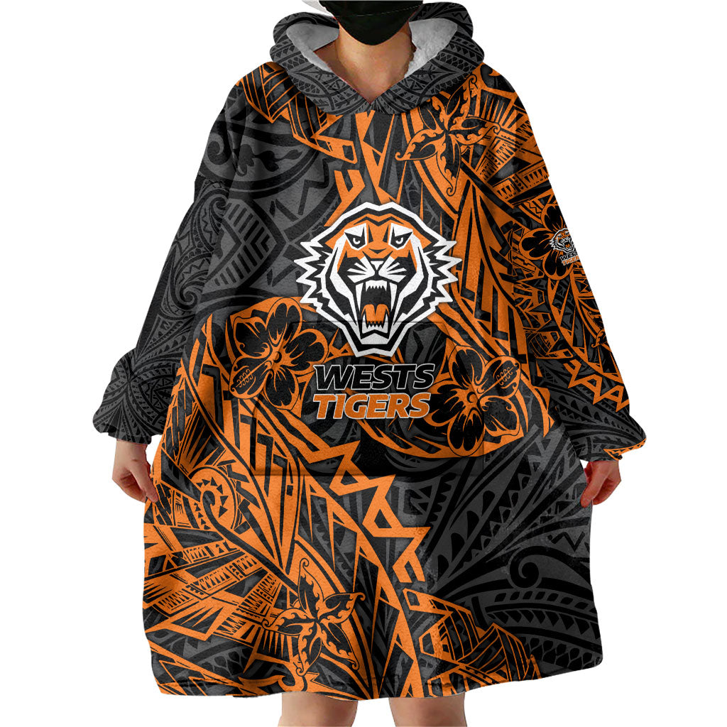 Personalized Wests Tigers Rugby Wearable Blanket Hoodie Polynesian Tribal Tiger Warrior - Orange Black Art