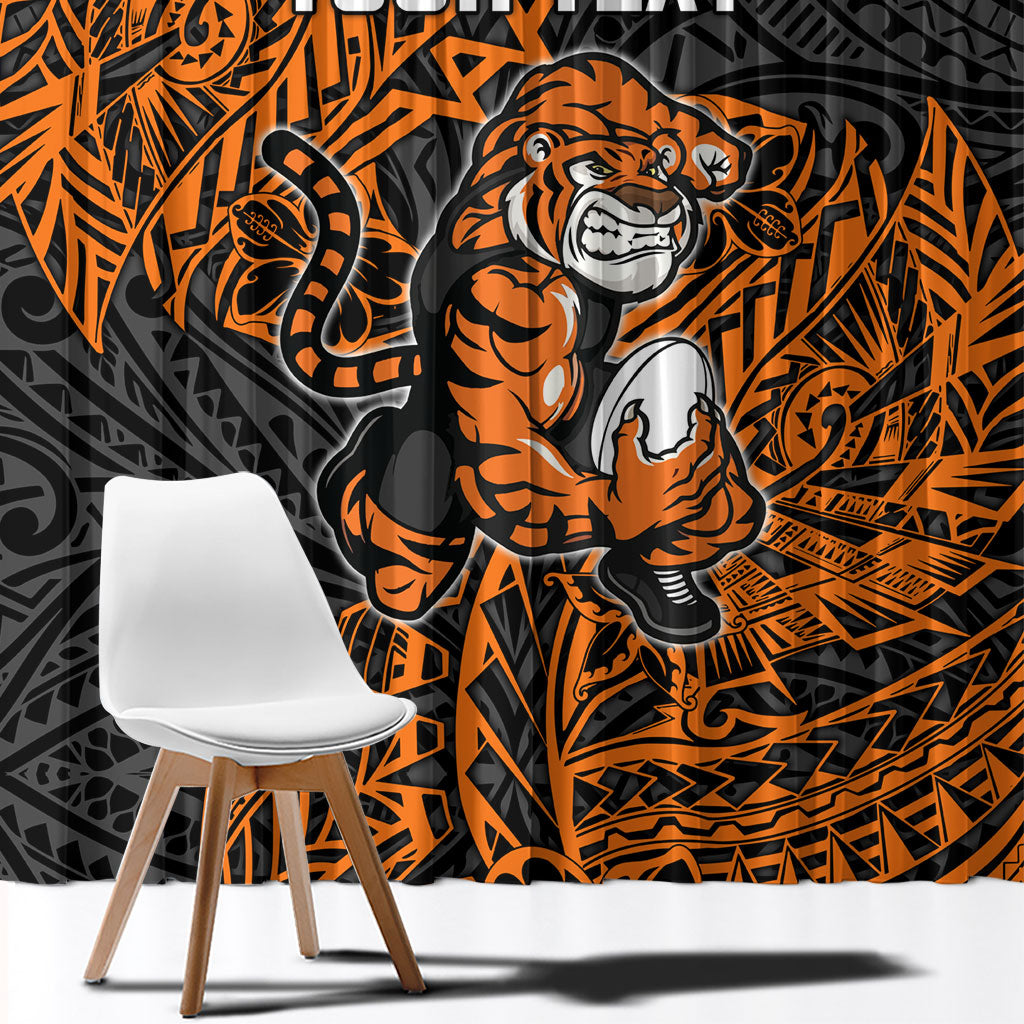 Personalized Wests Tigers Rugby Window Curtain Polynesian Tribal Tiger Warrior - Orange Black Art