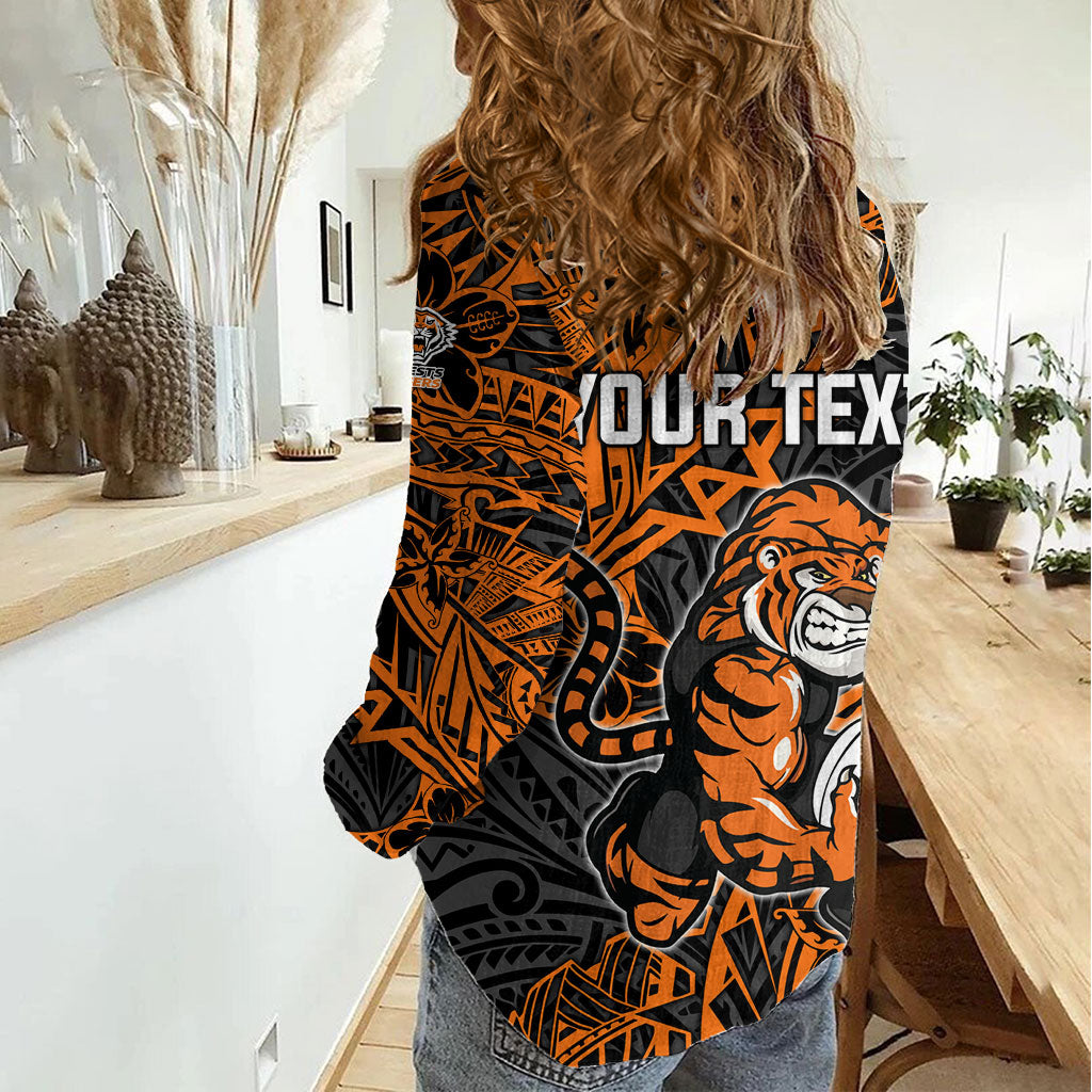 Personalized Wests Tigers Rugby Women Casual Shirt Polynesian Tribal Tiger Warrior - Orange Black Art
