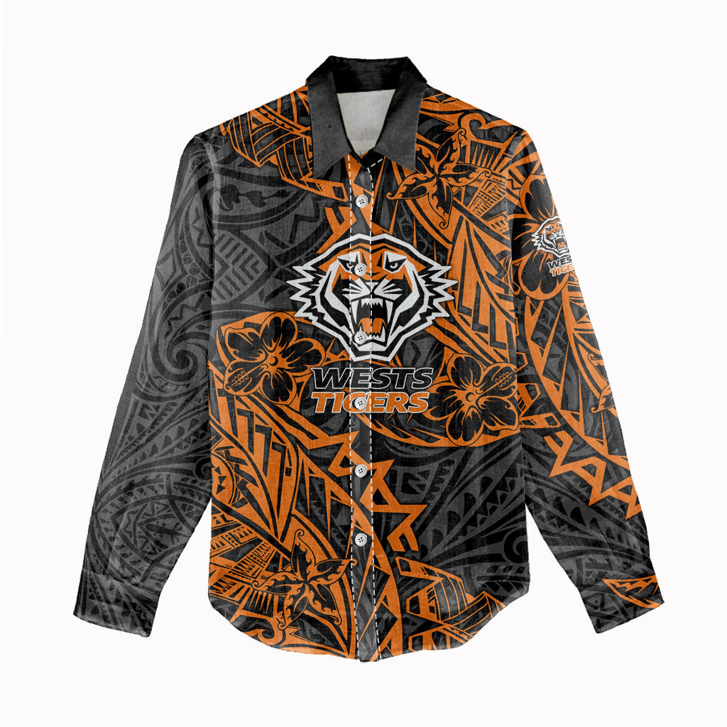 Personalized Wests Tigers Rugby Women Casual Shirt Polynesian Tribal Tiger Warrior - Orange Black Art