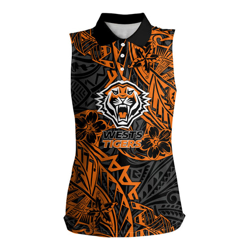 Personalized Wests Tigers Rugby Women Sleeveless Polo Shirt Polynesian Tribal Tiger Warrior - Orange Black Art
