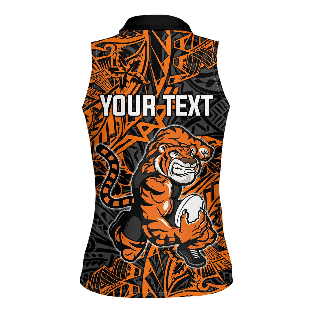 Personalized Wests Tigers Rugby Women Sleeveless Polo Shirt Polynesian Tribal Tiger Warrior - Orange Black Art