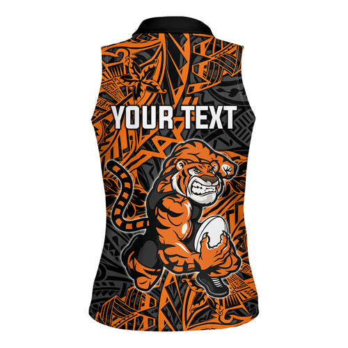 Personalized Wests Tigers Rugby Women Sleeveless Polo Shirt Polynesian Tribal Tiger Warrior - Orange Black Art