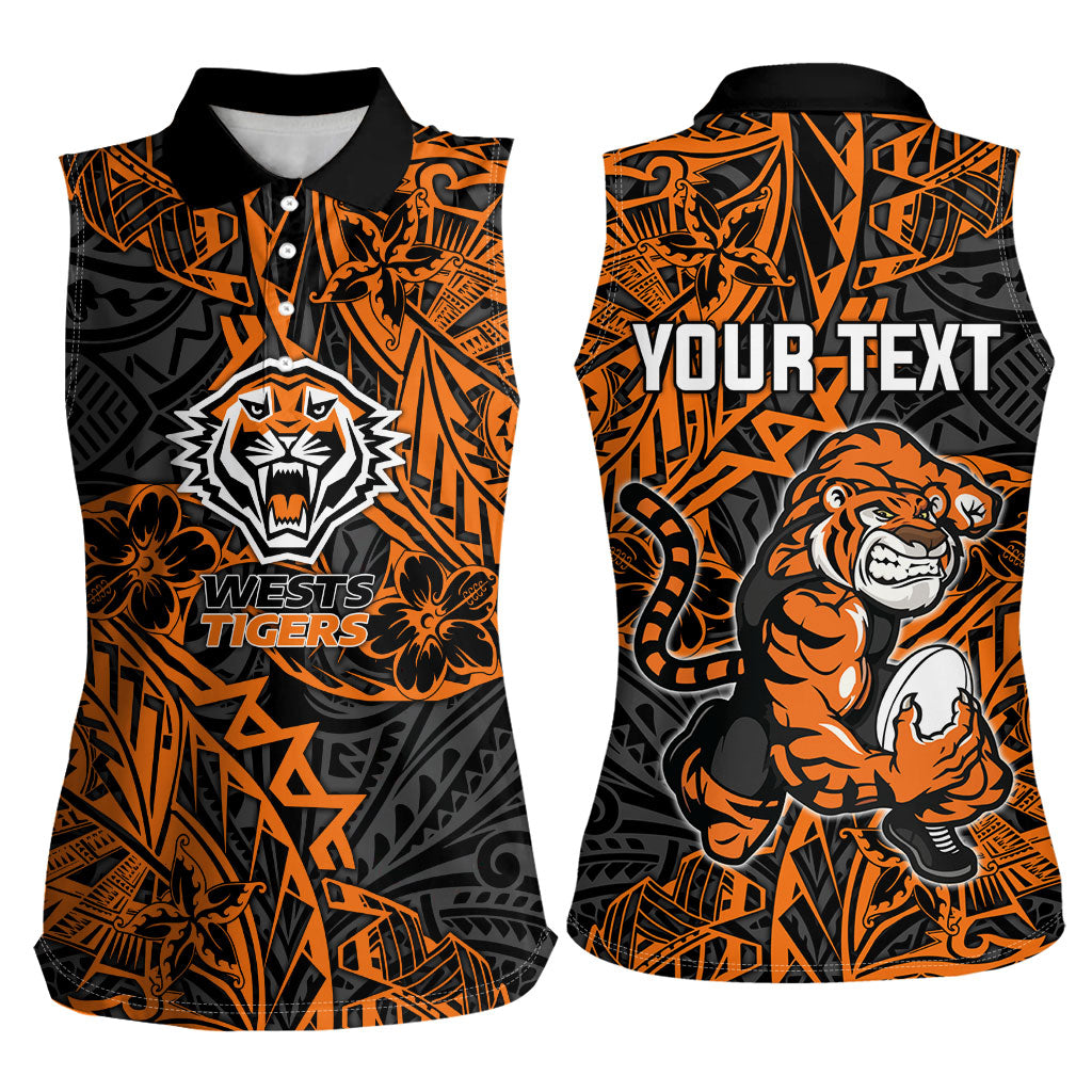 Personalized Wests Tigers Rugby Women Sleeveless Polo Shirt Polynesian Tribal Tiger Warrior - Orange Black Art