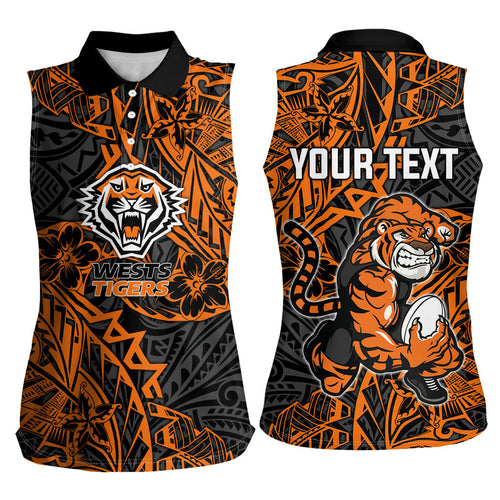 Personalized Wests Tigers Rugby Women Sleeveless Polo Shirt Polynesian Tribal Tiger Warrior - Orange Black Art