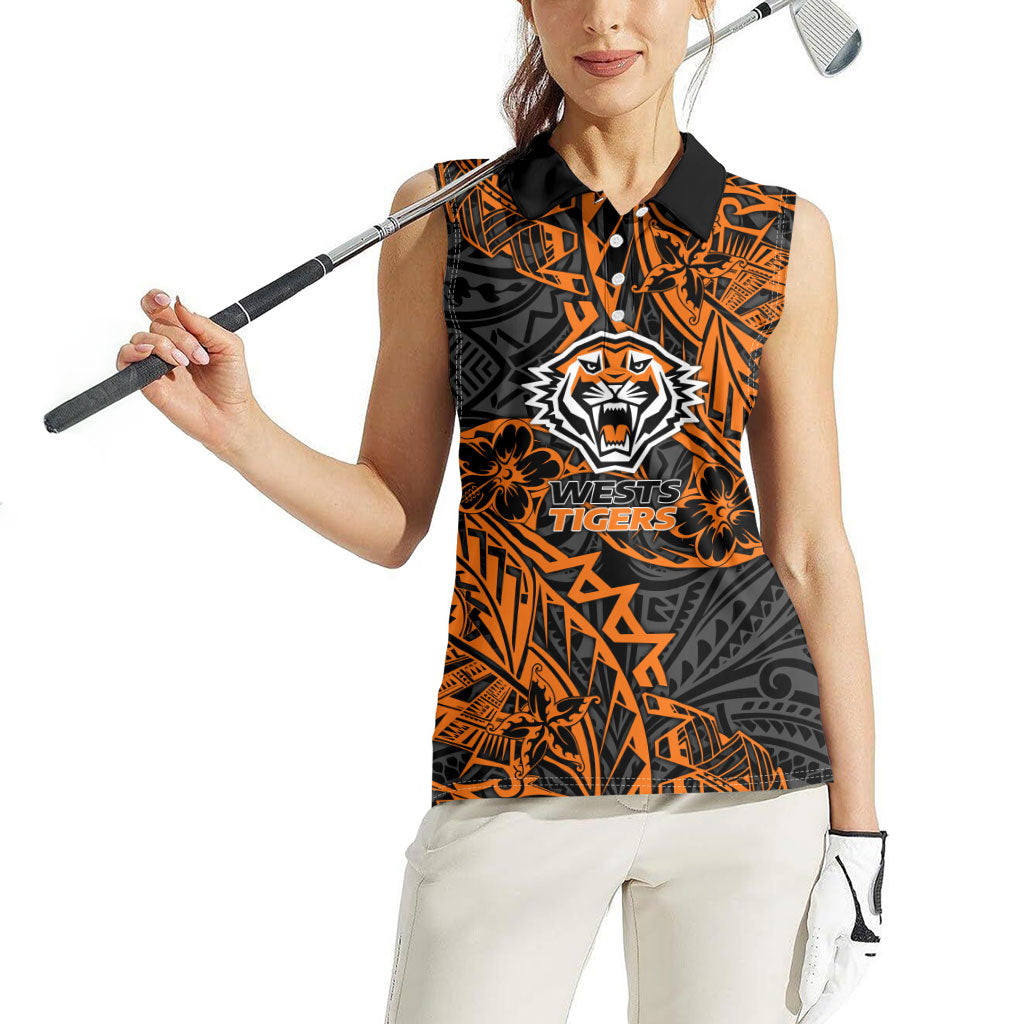 Personalized Wests Tigers Rugby Women Sleeveless Polo Shirt Polynesian Tribal Tiger Warrior - Orange Black Art