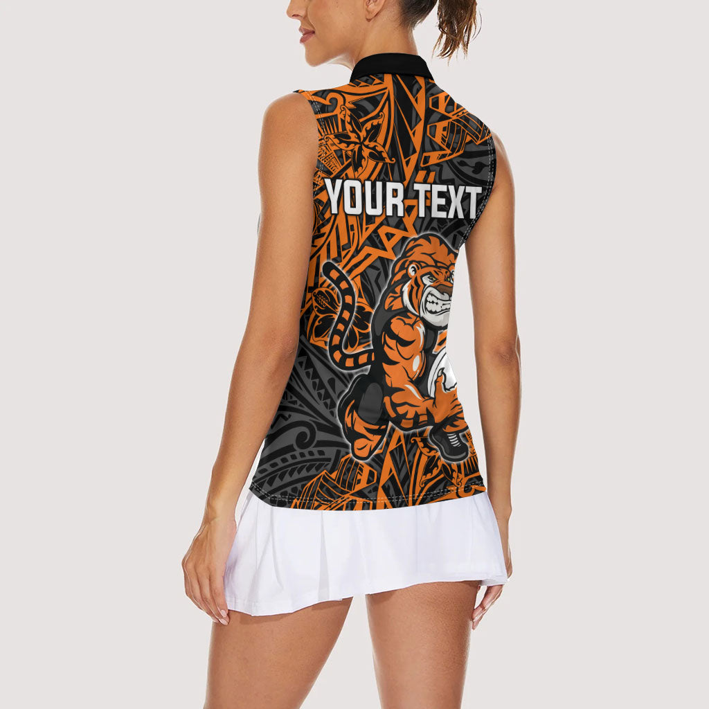 Personalized Wests Tigers Rugby Women Sleeveless Polo Shirt Polynesian Tribal Tiger Warrior - Orange Black Art