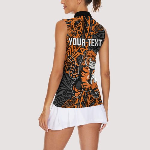 Personalized Wests Tigers Rugby Women Sleeveless Polo Shirt Polynesian Tribal Tiger Warrior - Orange Black Art