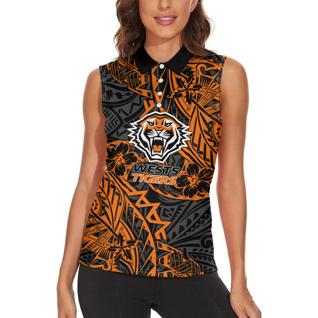 Personalized Wests Tigers Rugby Women Sleeveless Polo Shirt Polynesian Tribal Tiger Warrior - Orange Black Art