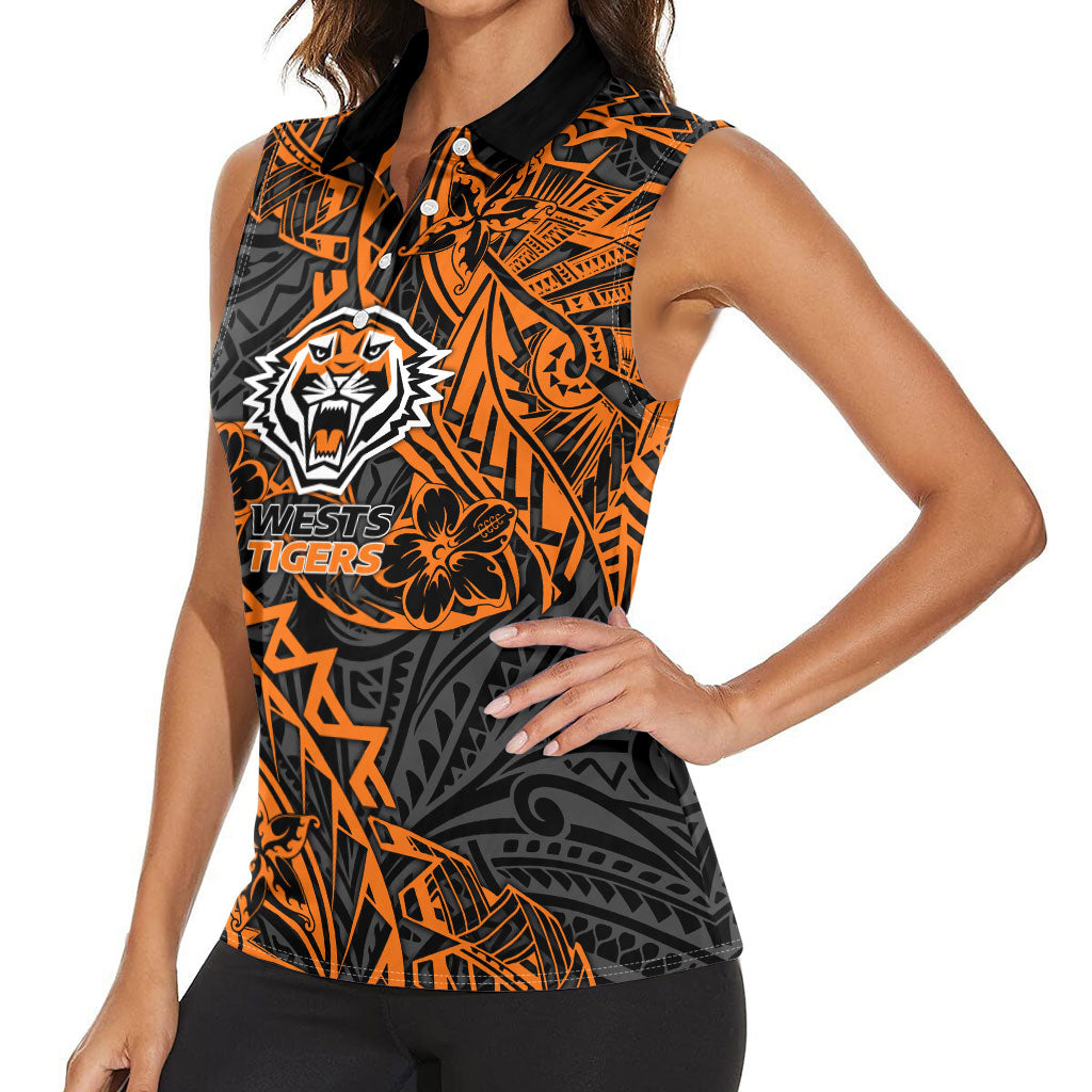 Personalized Wests Tigers Rugby Women Sleeveless Polo Shirt Polynesian Tribal Tiger Warrior - Orange Black Art