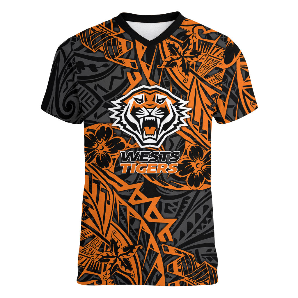 Personalized Wests Tigers Rugby Women V-Neck T-Shirt Polynesian Tribal Tiger Warrior - Orange Black Art