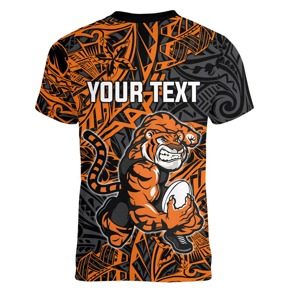Personalized Wests Tigers Rugby Women V-Neck T-Shirt Polynesian Tribal Tiger Warrior - Orange Black Art