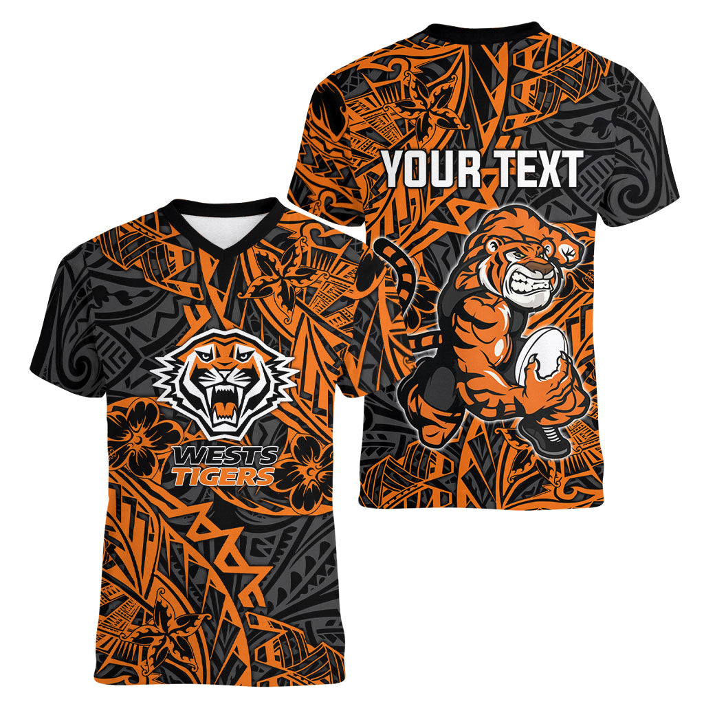 Personalized Wests Tigers Rugby Women V-Neck T-Shirt Polynesian Tribal Tiger Warrior - Orange Black Art