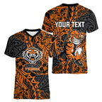 Personalized Wests Tigers Rugby Women V-Neck T-Shirt Polynesian Tribal Tiger Warrior - Orange Black Art