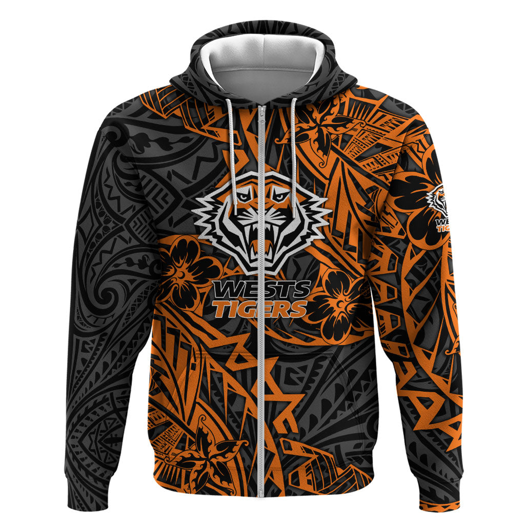Personalized Wests Tigers Rugby Zip Hoodie Polynesian Tribal Tiger Warrior - Orange Black Art