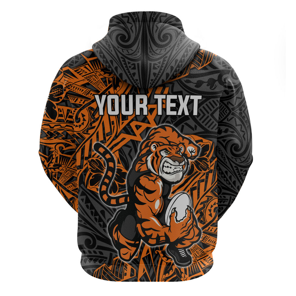 Personalized Wests Tigers Rugby Zip Hoodie Polynesian Tribal Tiger Warrior - Orange Black Art