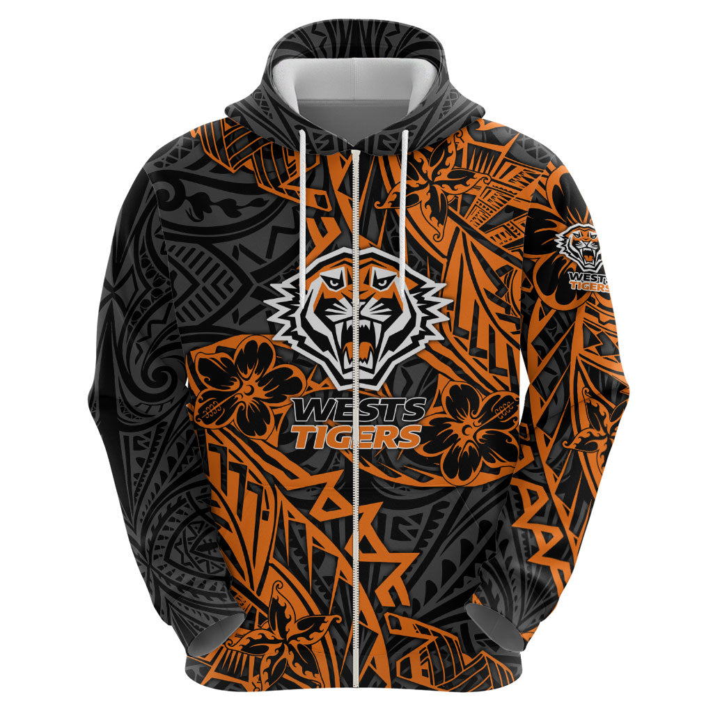 Personalized Wests Tigers Rugby Zip Hoodie Polynesian Tribal Tiger Warrior - Orange Black Art