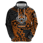 Personalized Wests Tigers Rugby Zip Hoodie Polynesian Tribal Tiger Warrior - Orange Black Art
