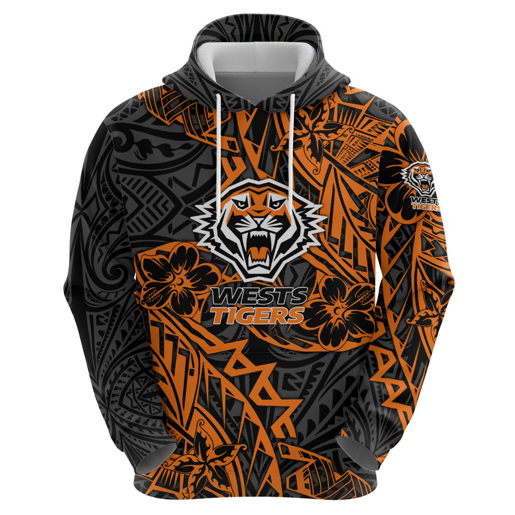 Personalized Wests Tigers Rugby Zip Hoodie Polynesian Tribal Tiger Warrior - Orange Black Art