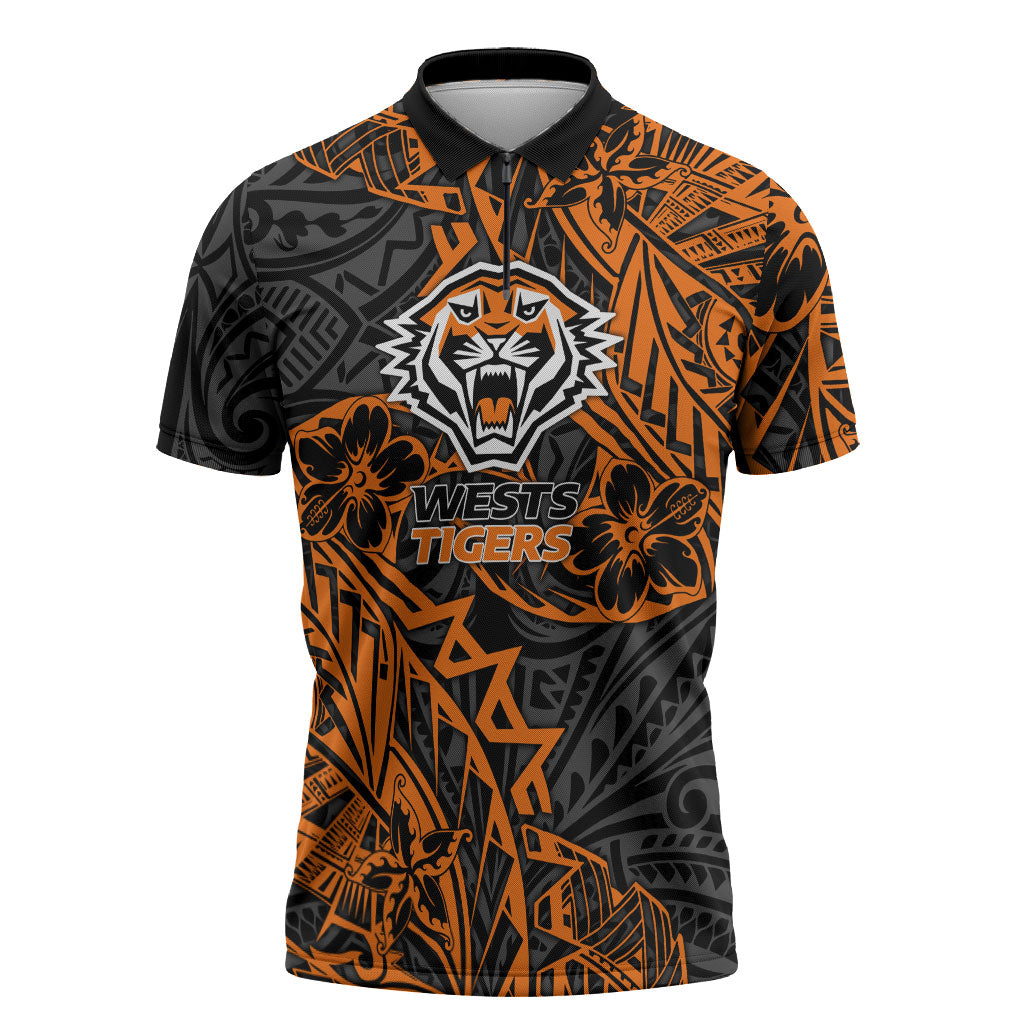 Personalized Wests Tigers Rugby Zipper Polo Shirt Polynesian Tribal Tiger Warrior - Orange Black Art