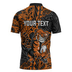Personalized Wests Tigers Rugby Zipper Polo Shirt Polynesian Tribal Tiger Warrior - Orange Black Art