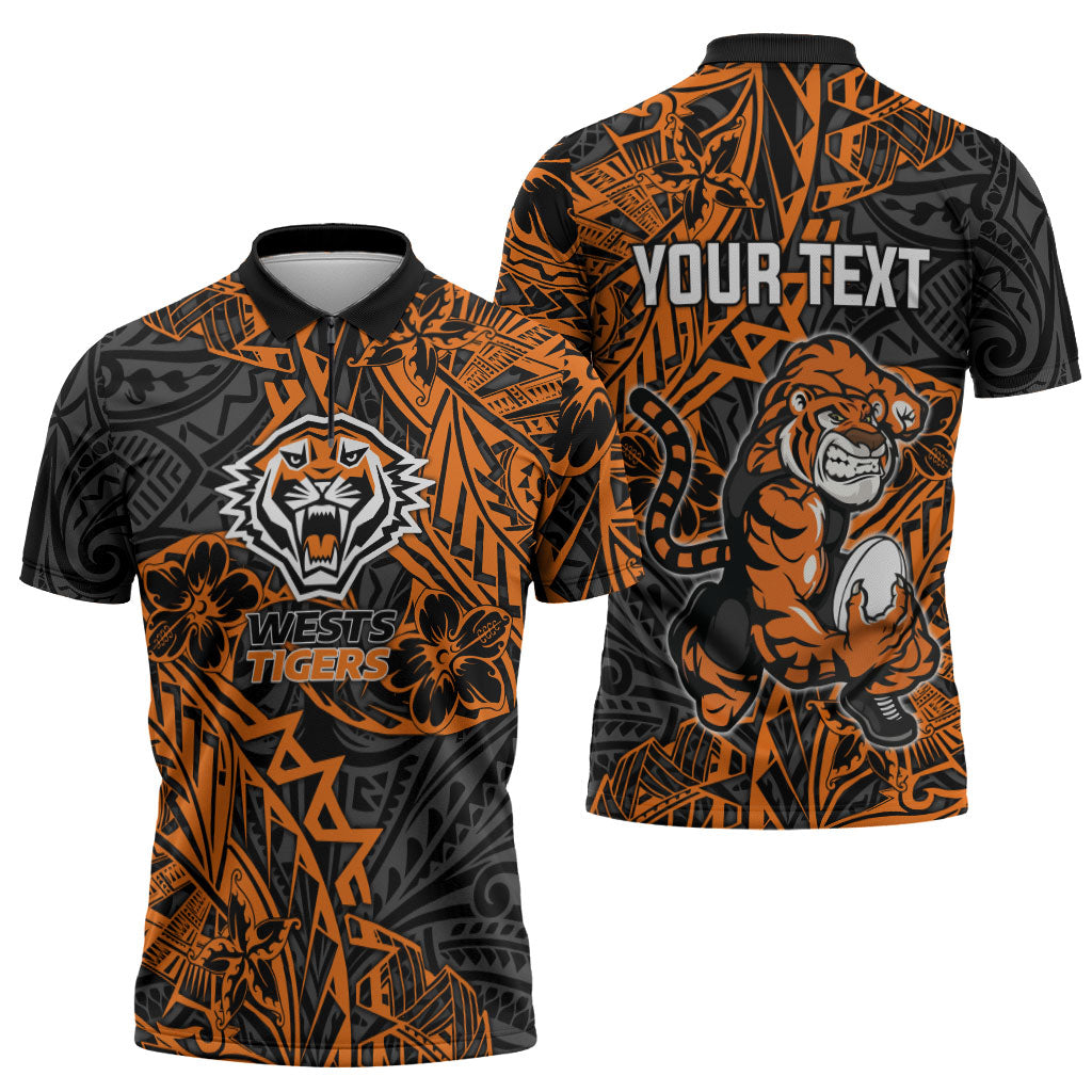 Personalized Wests Tigers Rugby Zipper Polo Shirt Polynesian Tribal Tiger Warrior - Orange Black Art