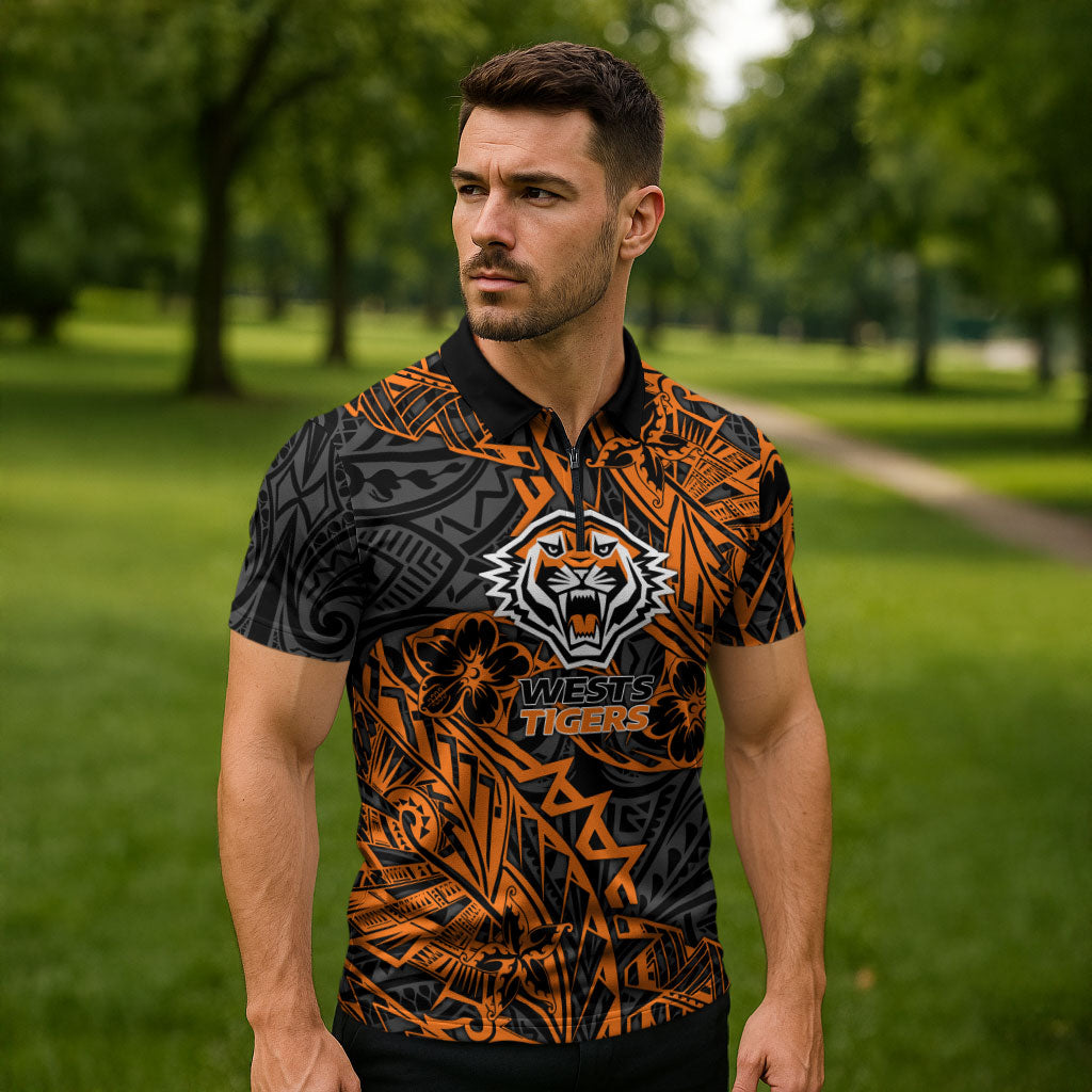 Personalized Wests Tigers Rugby Zipper Polo Shirt Polynesian Tribal Tiger Warrior - Orange Black Art