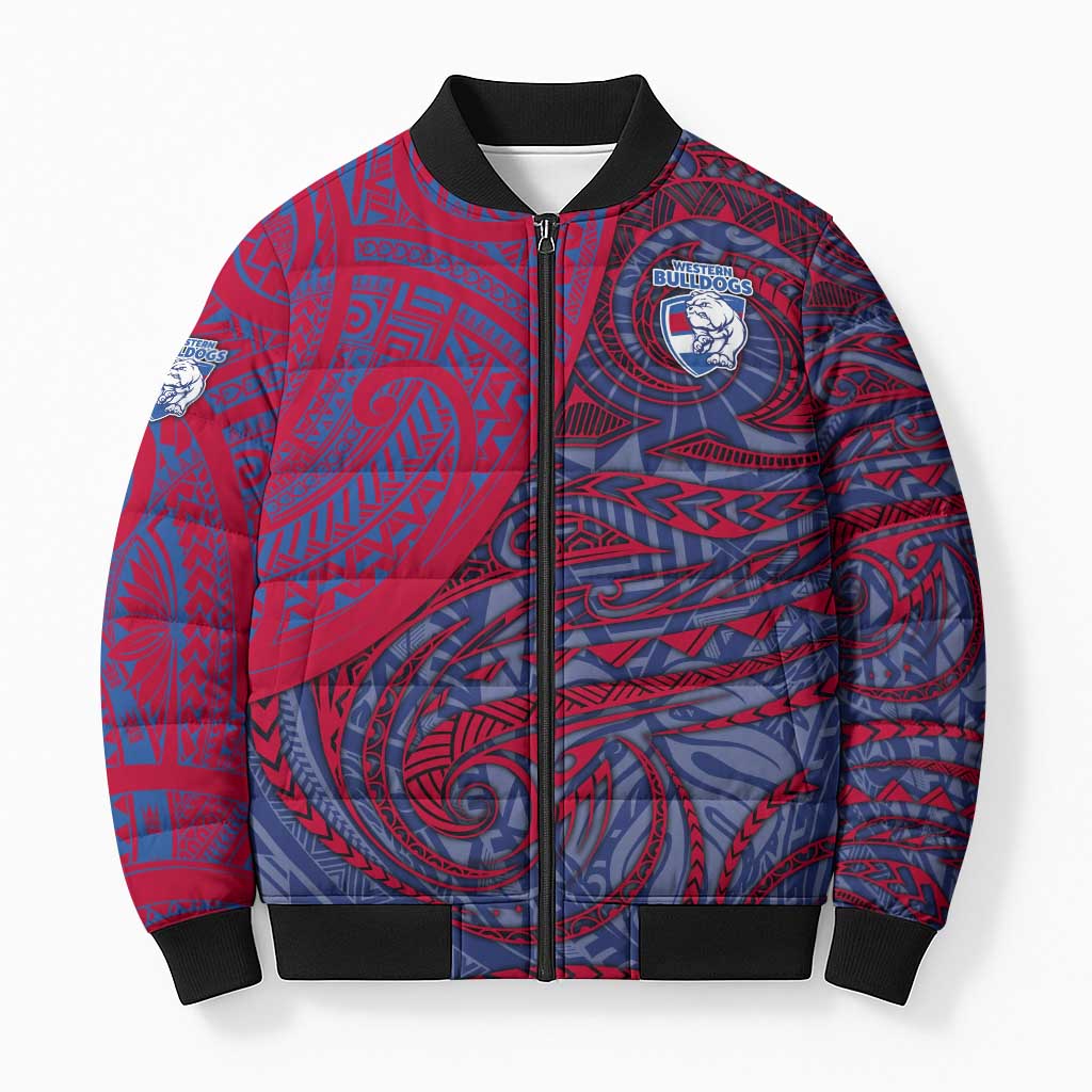 Custom Western Bulldogs Mascot Bomber Puffer Jacket Polynesian Tribal Swirl Dynamic - Bulldog Football