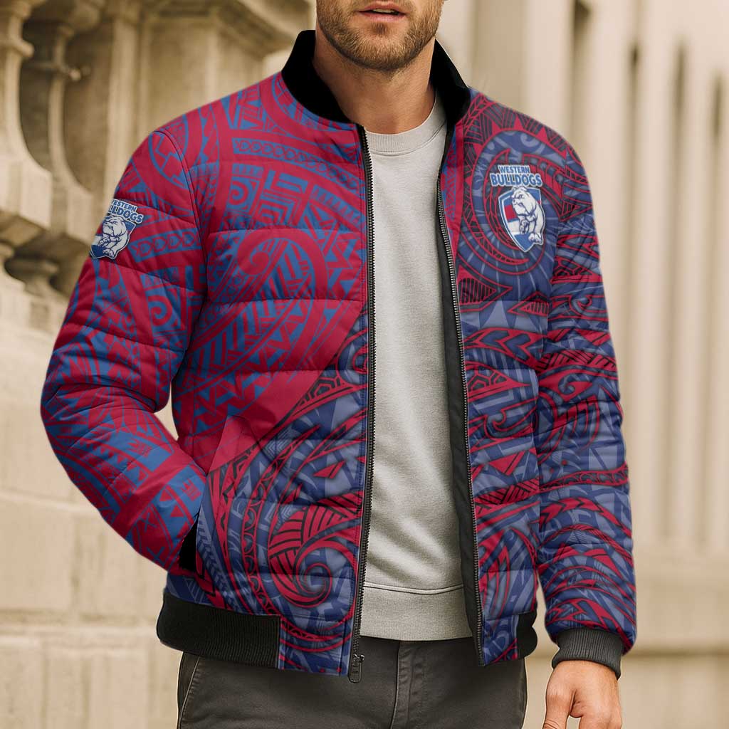 Custom Western Bulldogs Mascot Bomber Puffer Jacket Polynesian Tribal Swirl Dynamic - Bulldog Football