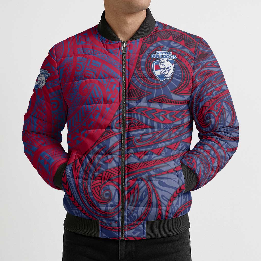 Custom Western Bulldogs Mascot Bomber Puffer Jacket Polynesian Tribal Swirl Dynamic - Bulldog Football