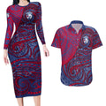 Custom Western Bulldogs Mascot Couples Matching Long Sleeve Bodycon Dress and Hawaiian Shirt Polynesian Tribal Swirl Dynamic - Bulldog Football