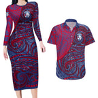 Custom Western Bulldogs Mascot Couples Matching Long Sleeve Bodycon Dress and Hawaiian Shirt Polynesian Tribal Swirl Dynamic - Bulldog Football