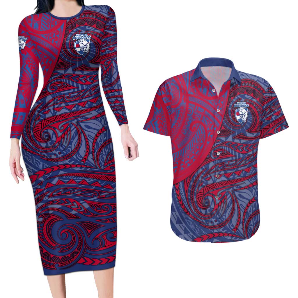Custom Western Bulldogs Mascot Couples Matching Long Sleeve Bodycon Dress and Hawaiian Shirt Polynesian Tribal Swirl Dynamic - Bulldog Football