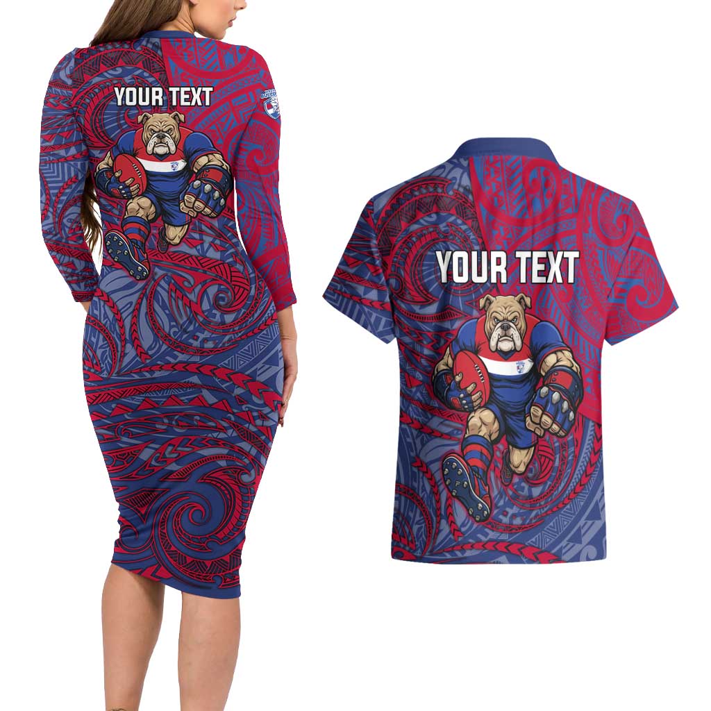 Custom Western Bulldogs Mascot Couples Matching Long Sleeve Bodycon Dress and Hawaiian Shirt Polynesian Tribal Swirl Dynamic - Bulldog Football