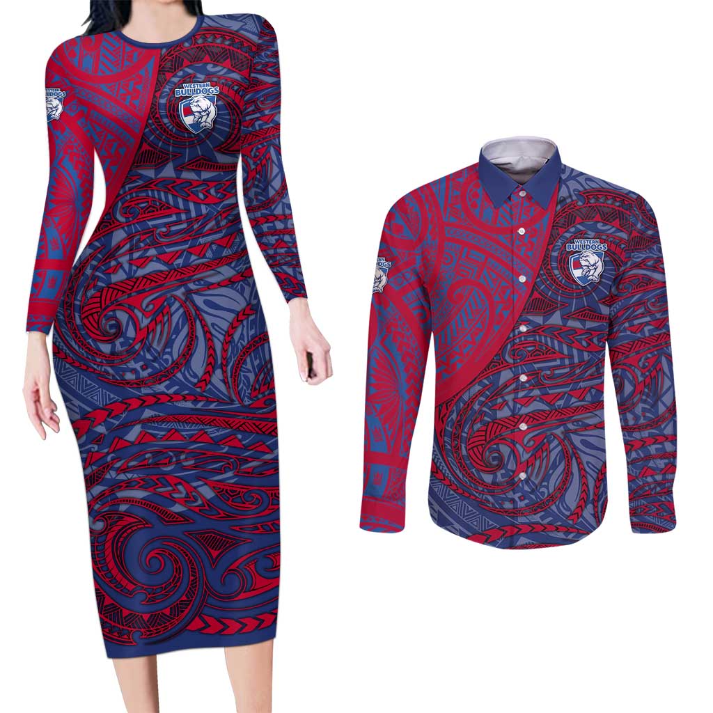 Custom Western Bulldogs Mascot Couples Matching Long Sleeve Bodycon Dress and Long Sleeve Button Shirt Polynesian Tribal Swirl Dynamic - Bulldog Football