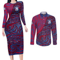 Custom Western Bulldogs Mascot Couples Matching Long Sleeve Bodycon Dress and Long Sleeve Button Shirt Polynesian Tribal Swirl Dynamic - Bulldog Football